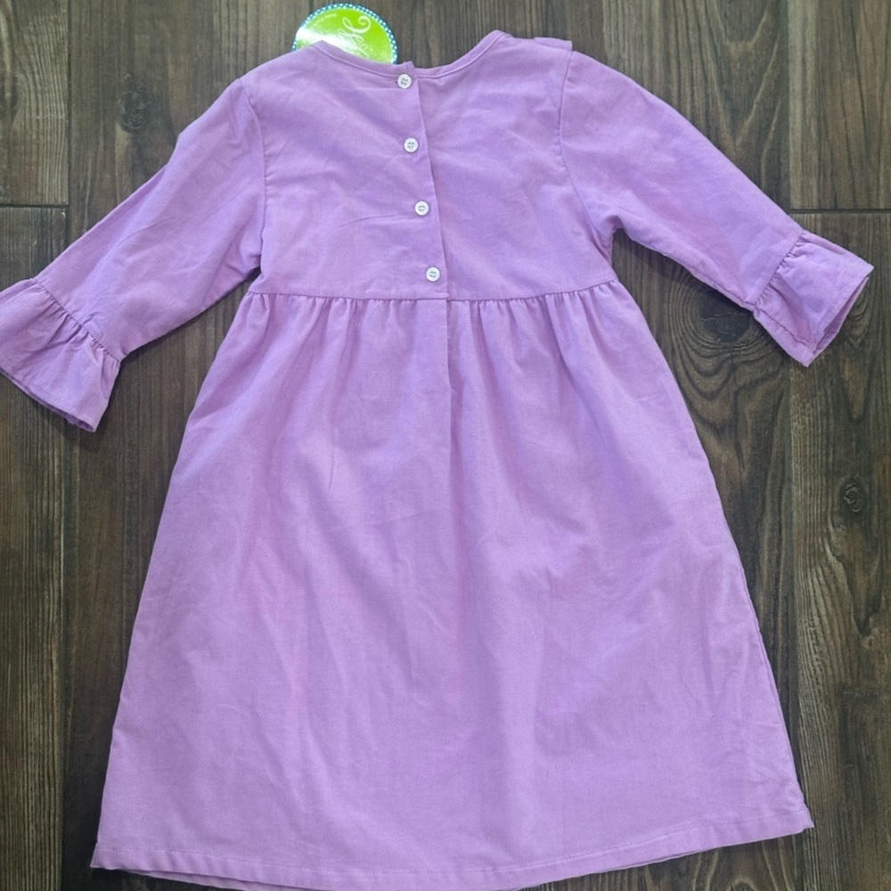 Girls Lilac Purple Smocked Ruffle-Trim Long Sleeve Dress K Monogram Embroidered - Picture 8 of 10
